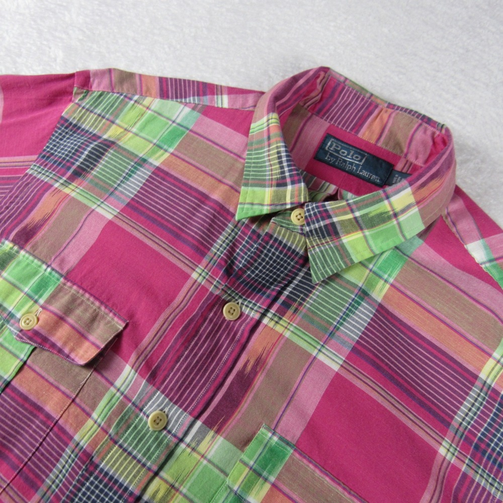 Polo Ralph Lauren Mens Large Button Down Pink Plaid‎ Ikat Flap Pockets